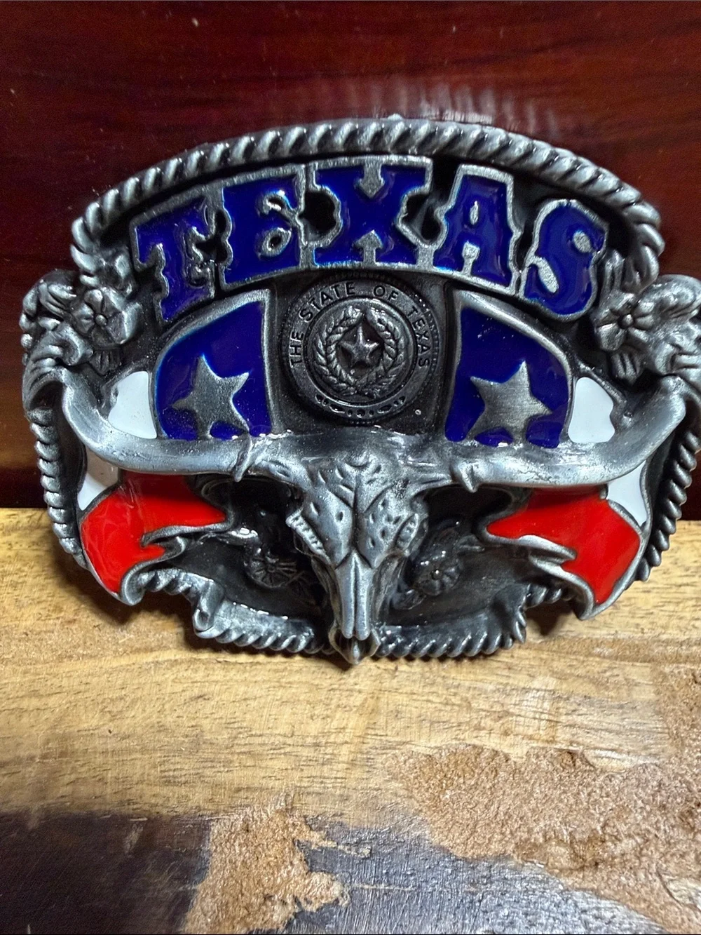 Texas Longhorn Western Belt Buckle - Blue & Red Enamel